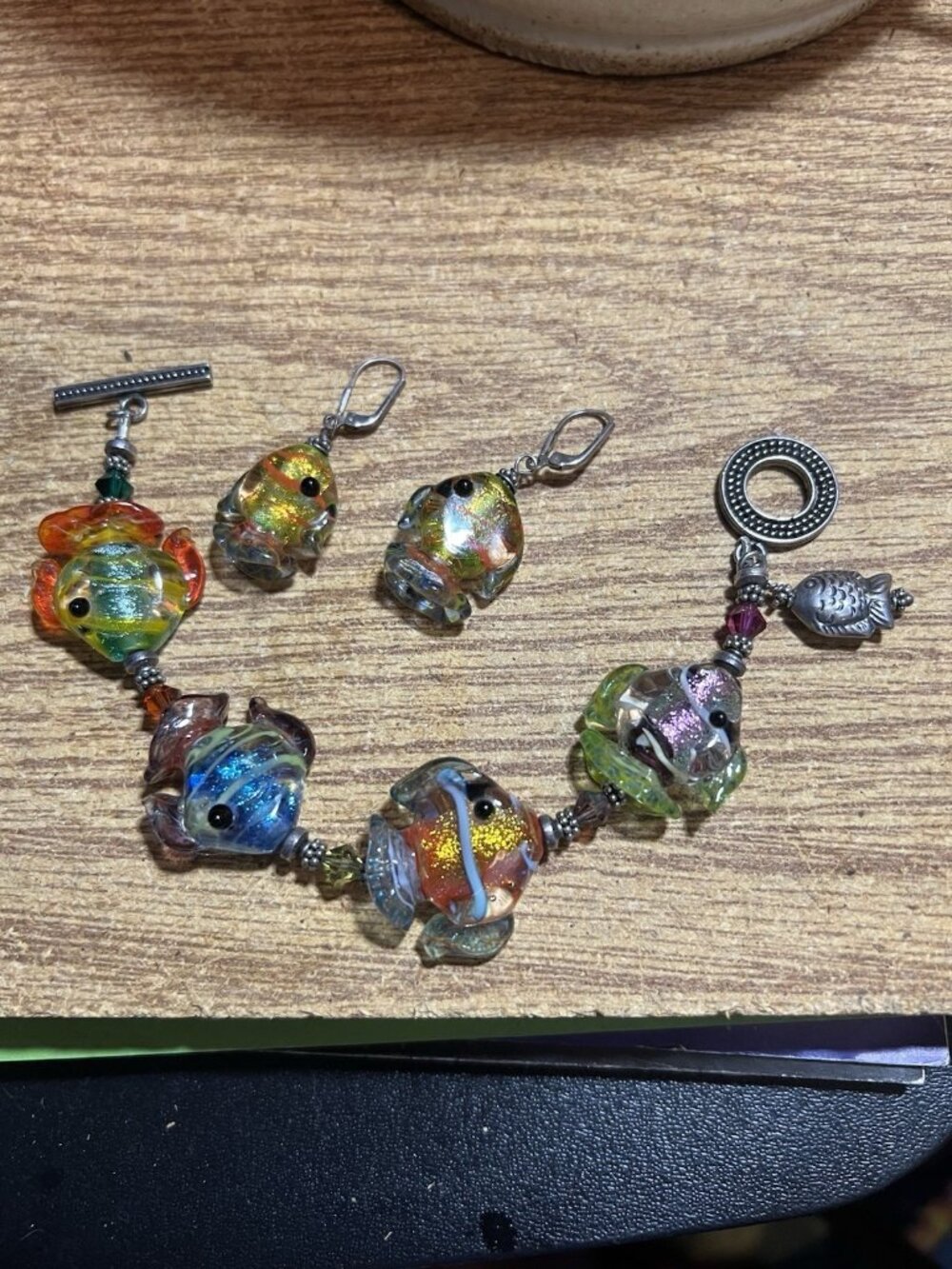 Murano Fish Bracelet Earrings Set 925 Findings & Charm 7" Stunning Unique